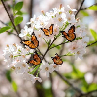 The primary subject of the image is a group of butterflies perched on a tree branch. The setting is an outdoor environment with a tree and a branch as the main backdrop. The visual style is a close-up of the butterflies, showcasing their beauty and details. The colors in the image are predominantly white, which gives a sense of purity and serenity. The overall atmosphere is calm and peaceful, as the butterflies rest on the branch in a natural and harm